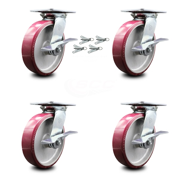 8 Inch Poly on Aluminum Caster Set with Ball Bearings and Brakes/Swivel Locks